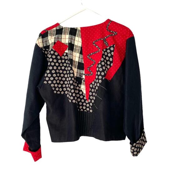 Elizabeth Vintage Patchwork Appliqué Linen Cotton Black Red Blazer Jacket small - Picture 5 of 8